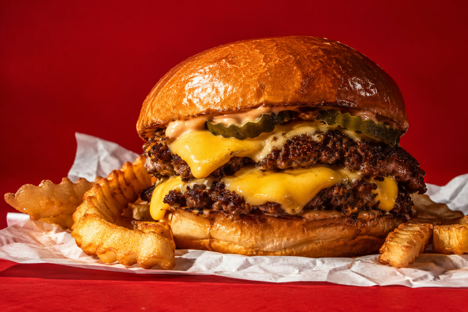 A double smash cheeseburger and crinkle fries on red
